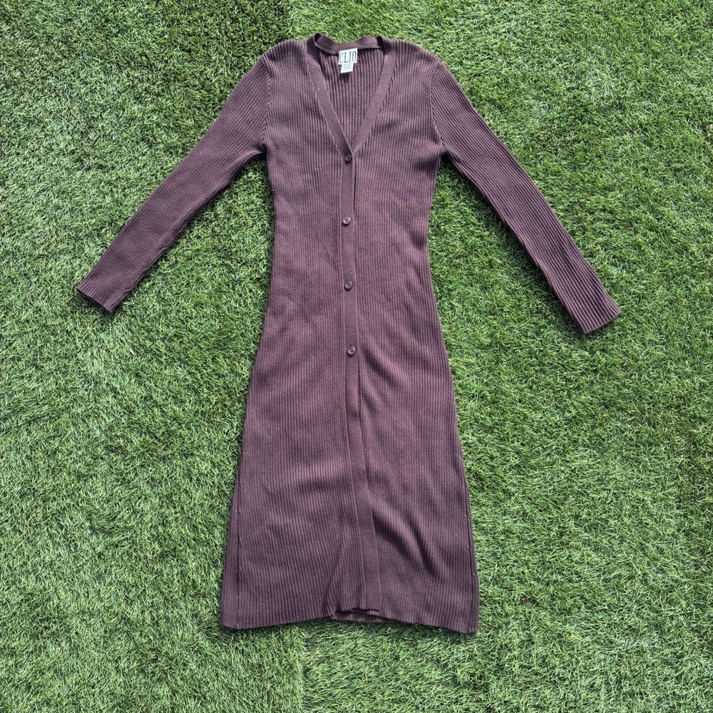 Vintage CLIO Brown Ribbed V Neck Button Up Long Sleeve Maxi Sweater Dress Size L